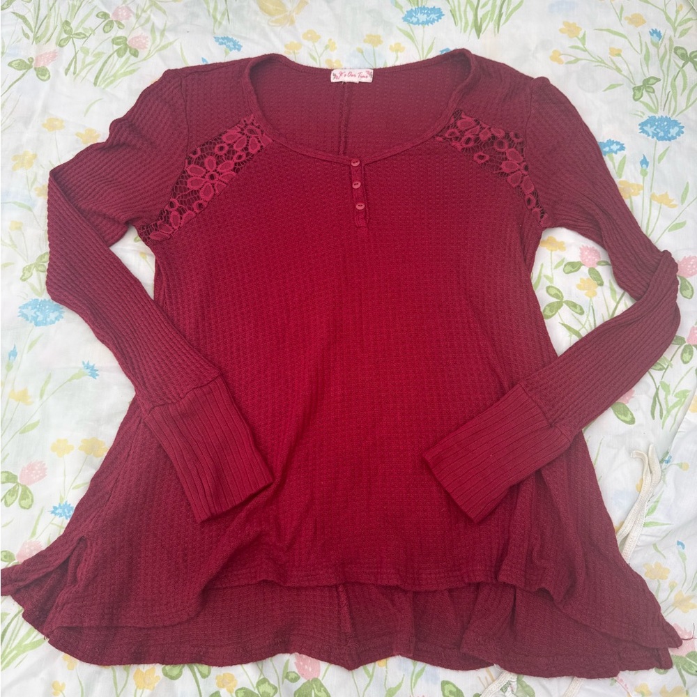 It's Our Time Maroon Crochet Accent Long Sleeve Top